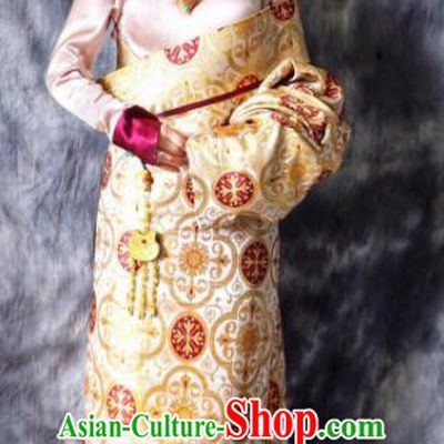 Chinese Traditional Ethnic Bride Golden Tibetan Robe Zang Nationality Female Dress Costume for Women