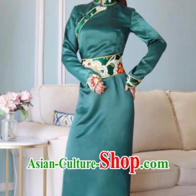 Chinese Traditional Ethnic Bride Tibetan Robe Zang Nationality Female Green Silk Dress Costume for Women