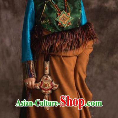 Chinese Traditional Ethnic Bride Brown Tibetan Robe Zang Nationality Female Dress Wedding Costume for Women