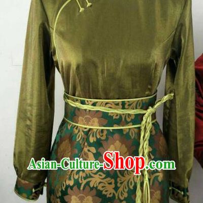 Chinese Traditional Mongolian Ethnic Green Robe Mongol Nationality Female Dress Costume for Women