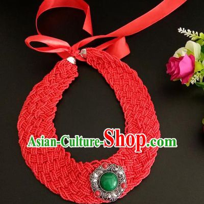 Chinese Traditional Mongol Nationality Weave Red Hair Clasp Mongolian Ethnic Dance Headband Accessories for Women