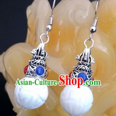Chinese Traditional Mongol Nationality White Ball Earrings Mongolian Ethnic Ear Accessories for Women