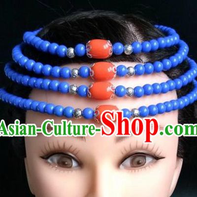 Chinese Traditional Mongol Nationality Royalblue Beads Hair Clasp Mongolian Ethnic Dance Headband Accessories for Women