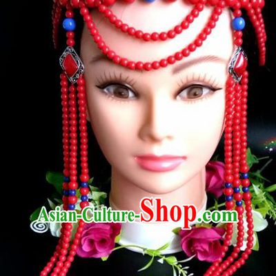 Chinese Traditional Mongol Nationality Red Beads Tassel Hair Clasp Mongolian Ethnic Dance Headband Accessories for Women