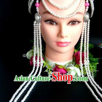 Chinese Traditional Mongol Nationality Rosy Beads Hair Clasp Mongolian Ethnic Dance Tassel Headband Accessories for Women