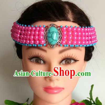 Chinese Traditional Mongol Nationality Rosy Beads Hair Clasp Mongolian Ethnic Dance Headband Accessories for Women