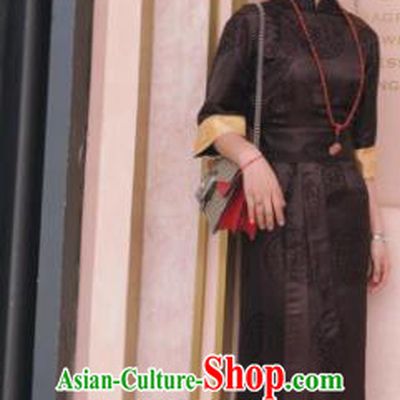 Chinese Traditional Zang Nationality Female Brown Silk Dress Tibetan Robe Ethnic Dance Costume for Women