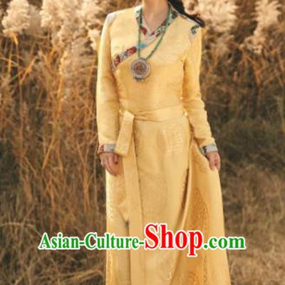 Chinese Traditional Zang Nationality Female Yellow Silk Dress Tibetan Robe Ethnic Dance Costume for Women