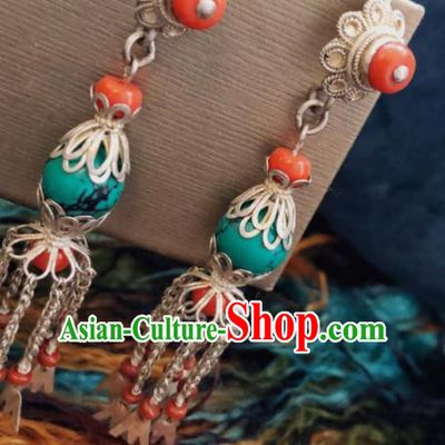 Chinese Traditional Zang Nationality Green Stone Earrings Tibetan Ethnic Sliver Tassel Ear Accessories for Women
