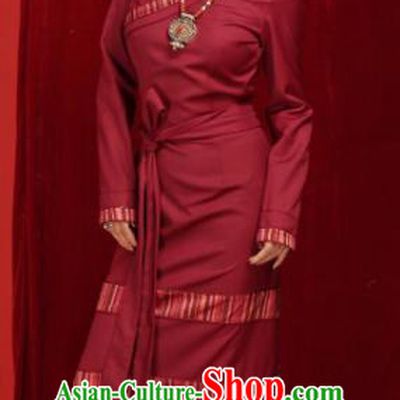 Chinese Traditional Tibetan Robe Zang Nationality Female Wine Red Dress Ethnic Costume for Women
