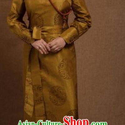 Chinese Traditional Ethnic Golden Tibetan Robe Zang Nationality Female Dress Costume for Women