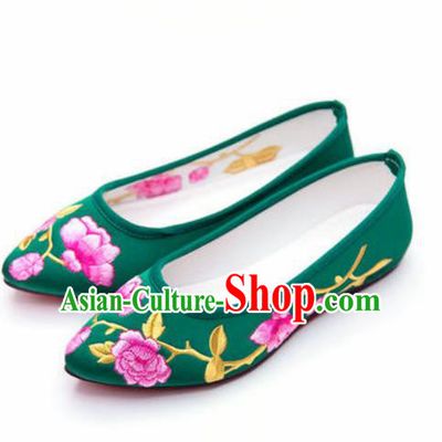 Chinese Traditional Opera Shoes Wedding Shoes Hanfu Princess Shoes Embroidered Green Shoes for Women