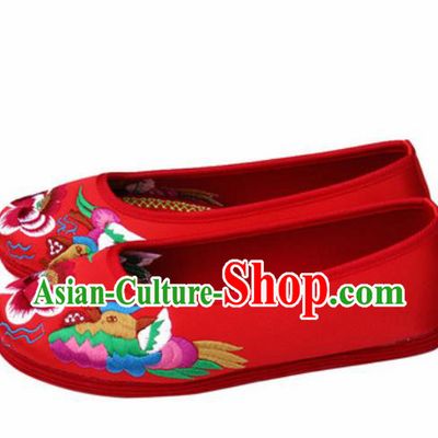 Chinese Traditional Opera Red Satin Shoes Wedding Shoes Hanfu Princess Shoes Embroidered Mandarin Duck Shoes for Women