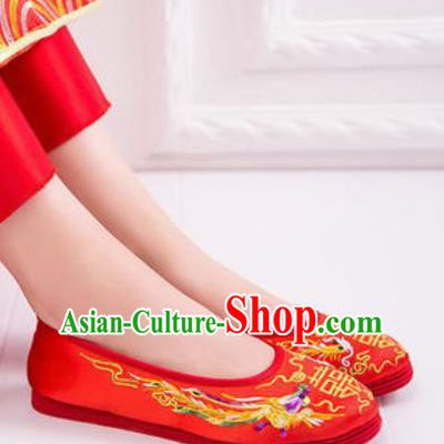 Chinese Traditional Opera Red Satin Shoes Wedding Shoes Hanfu Princess Shoes Embroidered Dragon Phoenix Shoes for Women
