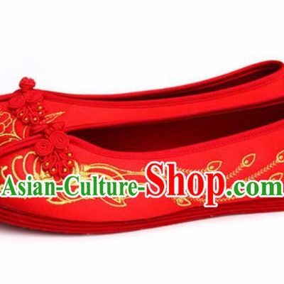 Chinese Traditional Opera Red Satin Shoes Wedding Shoes Hanfu Princess Shoes Embroidered Peony Phoenix Shoes for Women