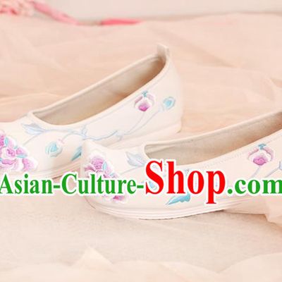 Chinese Traditional Shoes Opera Shoes Hanfu Princess Shoes Embroidered Peony White Shoes for Women