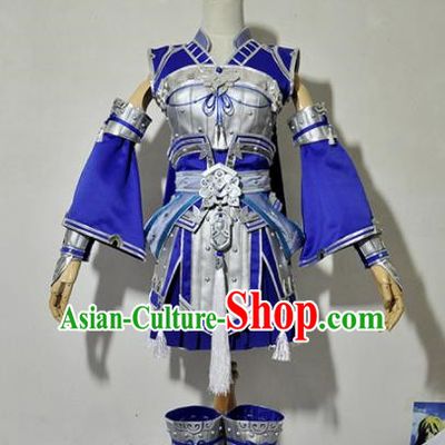 Chinese Traditional Cosplay Female Knight Costume Armour Ancient Swordsman Blue Dress for Women
