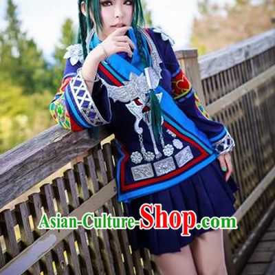 Chinese Traditional Cosplay Young Lady Costume Ancient Female Swordsman Navy Blue Dress for Women
