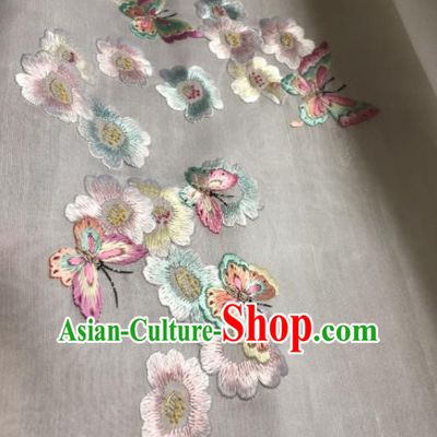 Traditional Chinese Embroidered Butterfly White Silk Fabric Classical Pattern Design Brocade Fabric Asian Satin Material