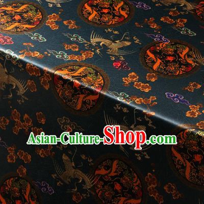Chinese Traditional Classical Dragon Crane Pattern Navy Blue Brocade Damask Asian Satin Drapery Silk Fabric