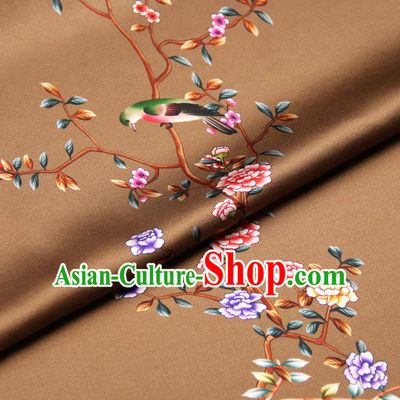 Chinese Traditional Classical Peony Birds Pattern Brown Brocade Damask Asian Satin Drapery Silk Fabric