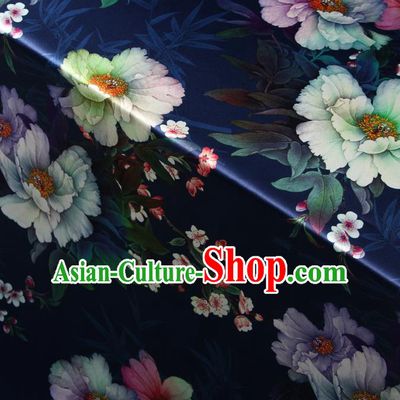 Chinese Traditional Classical Peach Flowers Pattern Navy Brocade Damask Asian Satin Drapery Silk Fabric