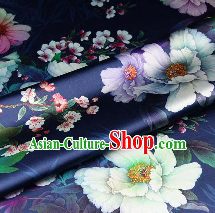 Chinese Traditional Classical Peach Flowers Pattern Navy Brocade Damask Asian Satin Drapery Silk Fabric Chinese Traditional Classical Peach Flowers Pattern Navy Brocade Damask Asian Satin Drapery Silk Fabric