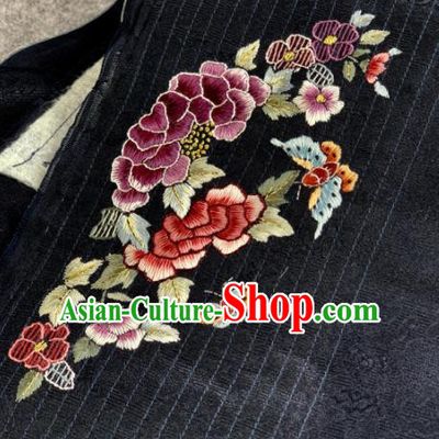 Traditional Chinese Black Satin Classical Embroidered Peony Butterfly Pattern Design Brocade Fabric Asian Silk Fabric Material