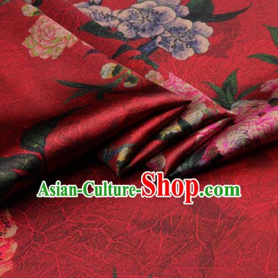 Chinese Traditional Classical Peach Blossom Pattern Red Brocade Damask Asian Satin Drapery Silk Fabric