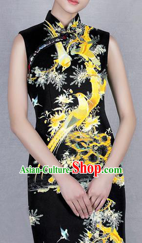 Chinese Traditional Classical Flowers Birds Pattern Black Brocade Damask Asian Satin Drapery Silk Fabric Chinese Traditional Classical Flowers Birds Pattern Black Brocade Damask Asian Satin Drapery Silk Fabric