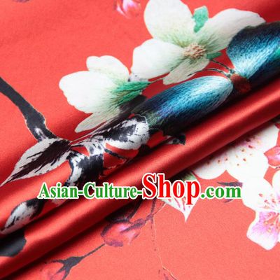 Chinese Traditional Classical Peach Flowers Pattern Red Brocade Damask Asian Satin Drapery Silk Fabric