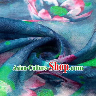Chinese Traditional Classical Lotus Pattern Blue Brocade Damask Asian Satin Drapery Silk Fabric