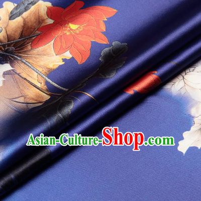 Chinese Traditional Classical Lotus Pattern Royalblue Brocade Damask Asian Satin Drapery Silk Fabric