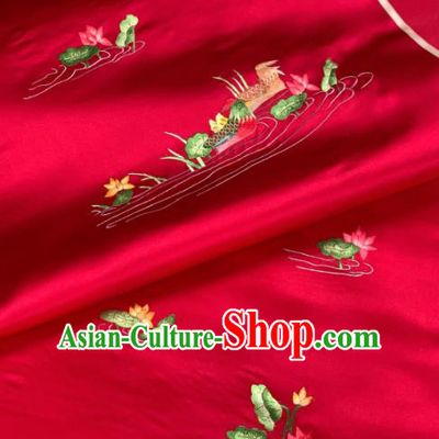 Traditional Chinese Satin Classical Embroidered Mandarin Duck Lotus Pattern Design Wine Red Brocade Fabric Asian Silk Fabric Material