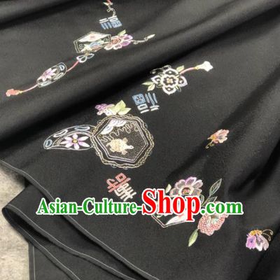 Traditional Chinese Satin Classical Embroidered Longevity Pattern Design Black Brocade Fabric Asian Silk Fabric Material