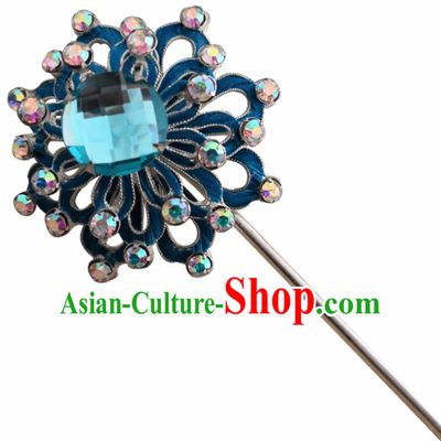 Chinese Ancient Queen Blue Crystal Hairpins Traditional Beijing Opera Diva Hair Accessories for Adults