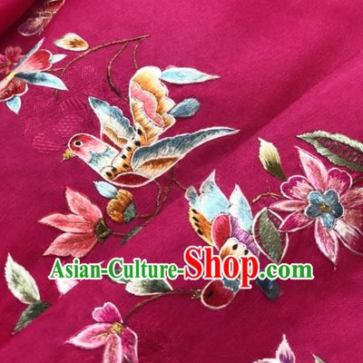 Traditional Chinese Satin Classical Embroidered Bird Flowers Pattern Design Rosy Brocade Fabric Asian Silk Fabric Material