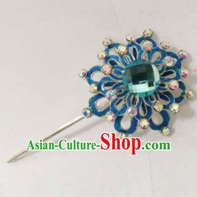 Chinese Traditional Beijing Opera Hair Accessories Ancient Queen Blue Crystal Flower Hairpins for Women