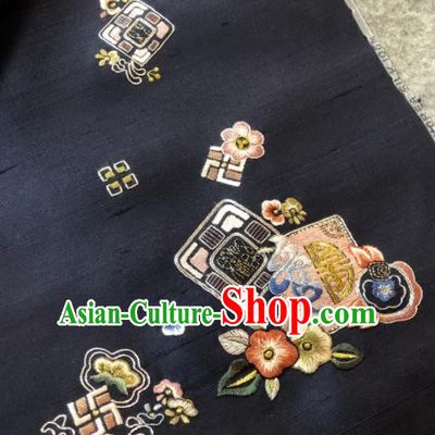 Traditional Chinese Satin Classical Embroidered Flowers Pattern Design Black Brocade Fabric Asian Silk Fabric Material