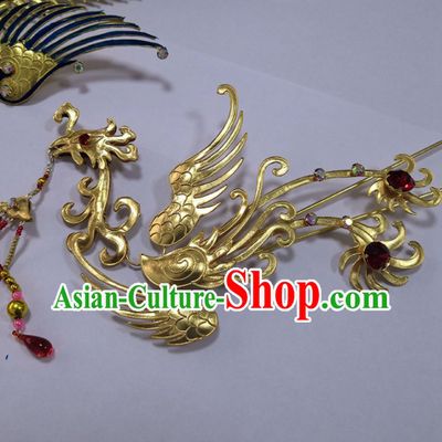 Chinese Traditional Beijing Opera Diva Hair Accessories Ancient Queen Golden Phoenix Hairpins for Women