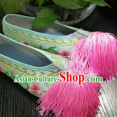 Chinese Traditional Beijing Opera Diva Green Satin Shoes Ancient Princess Hanfu Embroidered Shoes for Adults