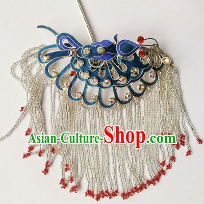 Chinese Ancient Queen Tassel Blueing Hairpins Traditional Beijing Opera Diva Hair Accessories for Adults