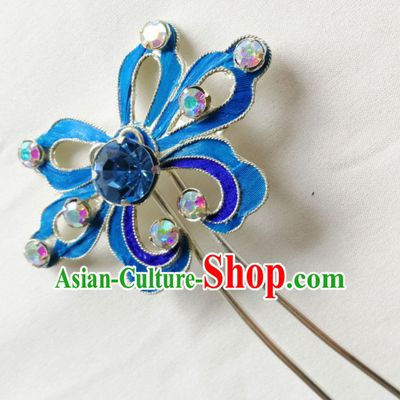 Chinese Ancient Court Princess Blue Crystal Hairpins Traditional Beijing Opera Diva Hair Accessories for Adults