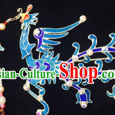Chinese Ancient Court Princess Blue Phoenix Tassel Hairpins Traditional Beijing Opera Diva Hair Accessories for Adults