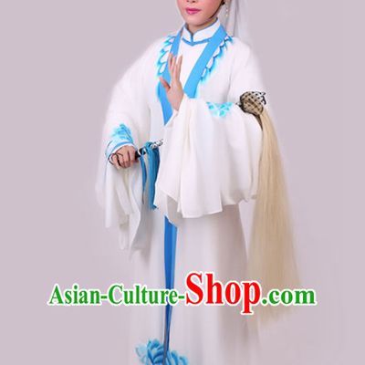 Chinese Traditional Peking Opera Diva White Dress Ancient Taoist Nun Embroidered Costume for Women