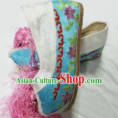 Chinese Ancient Court Princess Hanfu Light Blue Blood Stained Shoes Traditional Beijing Opera Diva Embroidered Shoes for Adults