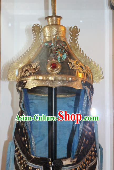 Chinese Ancient Drama Manchu General Helmet Traditional Qing Dynasty Minister Headwear for Men Chinese Ancient Drama Manchu General Helmet Traditional Qing Dynasty Minister Headwear for Men