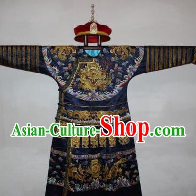 Chinese Traditional Drama Manchu Navy Silk Costume Ancient Qing Dynasty Emperor Imperial Robe for Men