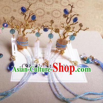 Chinese Ancient Princess Blue Beads Tassel Hair Claws Hairpins Traditional Hanfu Palace Hair Accessories for Women