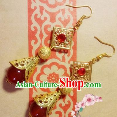 Chinese Ancient Princess Red Bead Earrings Traditional Hanfu Palace Jewelry Accessories for Women